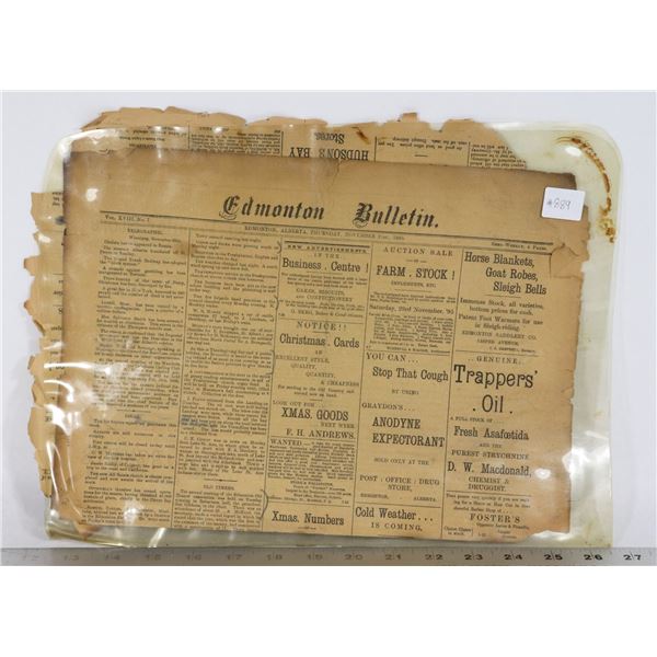 #889 ANTIQUE NEWSPAPER EDMONTON BULLETIN