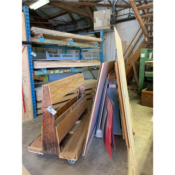 2 A-FRAME ROLLING WOODEN MATERIAL RACKS & MISCELLANEOUS CONTENTS