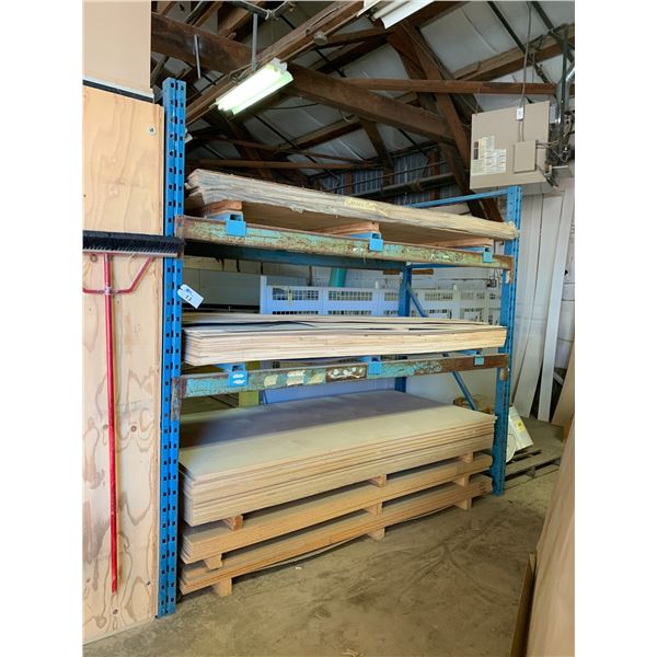 BLUE PALLET RACKING SECTION APPROX.8'H X 4'W WITH ASSORTED SHEETS OF PLYWOOD/PRESS WOOD/SHEETING