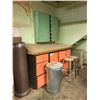 Image 1 : LARGE WORKBENCH, WALL MOUNT CABINET, PARTIAL ROLL OF VENEER, 2 STOOLS, ETC,