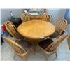 Image 1 : Lovely Oak Kitchen Table w Leaf & Six Chairs w Brown Chair Chairs