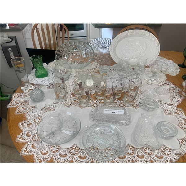 Beautiful Asst Doilies, Runners, Turkey Platter, Mid Century Modern Glasses, Cream & Sugar Bowls, Bu