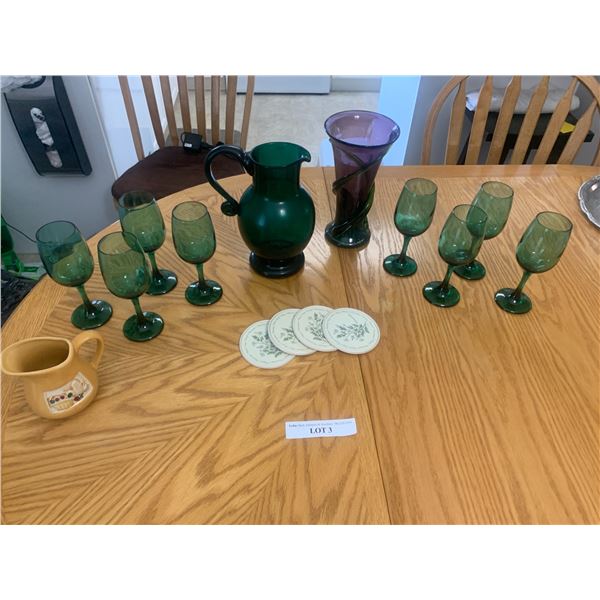 Gorgeous Handmade Purple & Green Vase, Green Glass Pitcher w 8 Glasses, Coaster Set,