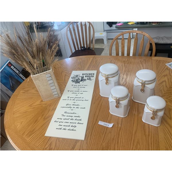 Kitchen Rules Wall Décor, Vase w Wheat Grass, Ivory & Gold Canister Set