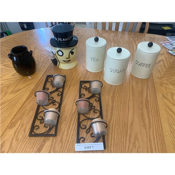 Mr. Peanut Canister, Black Vase, 2 Wall Tealight Holders & Ivory & Black Canister Set