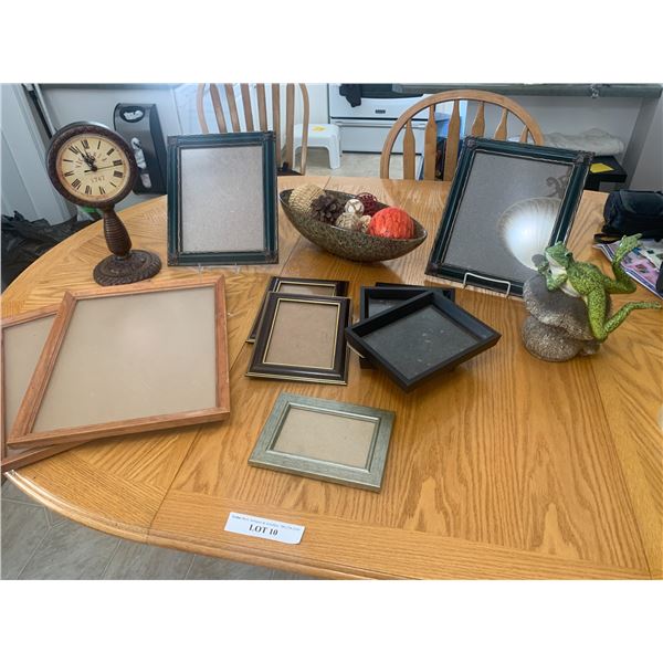 Frog on Mushroom Figurine, Victoria 1747 Pedestal Clock, Ceramic Bowl w Décor, Asst Picture Frames