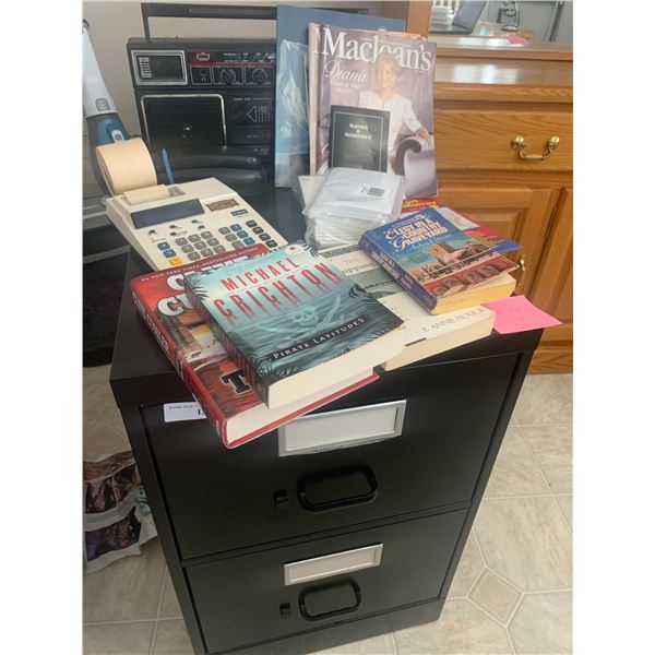 2 Drawer Filing Cabinet, Calculator, GE Telephone & Stereo Radio Black, asst Magazines & Books