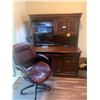 Image 1 : Beautiful Wood Desk w Upper Storage, Roll Out Keyboard, Lamp Leather Aubergine Chair of Castors