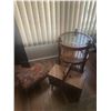 Image 1 : Three Tier Wood & Glass Side Table, Floral Upholstered Stool w Metal Legs & Wood Sewing Kit w Suppli