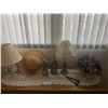 Image 1 : Blue & White Table Lamp, Silk Flowers in Basket, Wood/Metal Planter Hook, Sun Hat, Farmer Figurines,