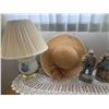 Image 4 : Blue & White Table Lamp, Silk Flowers in Basket, Wood/Metal Planter Hook, Sun Hat, Farmer Figurines,