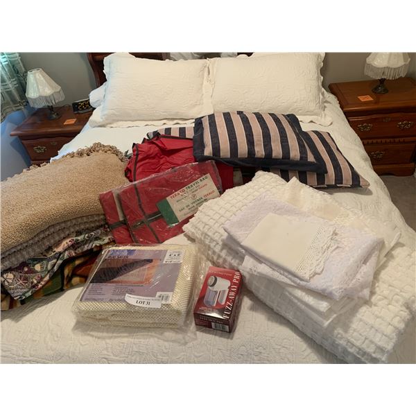 Three Beige/Navy Striped Pillow, White Comforter Throw, Texaco Travel Bags, Rug Saver, Remington Fuz