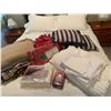 Image 1 : Three Beige/Navy Striped Pillow, White Comforter Throw, Texaco Travel Bags, Rug Saver, Remington Fuz
