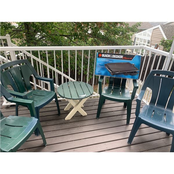 Black &  Decker Electric Griddle, Wood Outdoor Side Table & Four Patio Chairs
