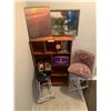 Image 2 : Wood Shelving Unit w Seven Compartment, Two Cat Pictures & Stool (requires reupholster)