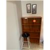 Image 5 : Wood Shelving Unit w Seven Compartment, Two Cat Pictures & Stool (requires reupholster)