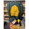 Image 1 : 5 XL Green Coveralls, 2 XL A-Safe Rain-ware (pants, suspenders & hoodie) 3 pair Company Jeans (40 x 