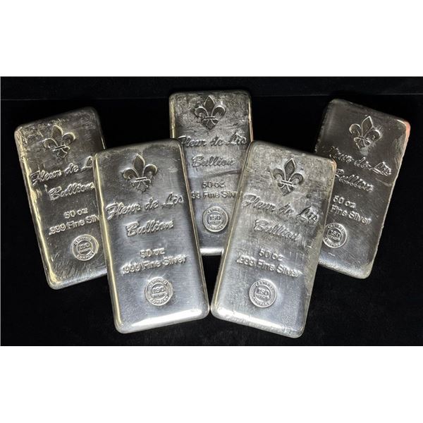 (5) 50 ozt Bar Fleur De Lis Bullion .999 Fine Silver