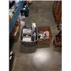 Image 1 : 2 TOTES OF ESTATE GOODS - MUGS, PLATES, TILE CUTTER, ETC
