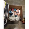 Image 2 : 2 TOTES OF ESTATE GOODS - MUGS, PLATES, TILE CUTTER, ETC