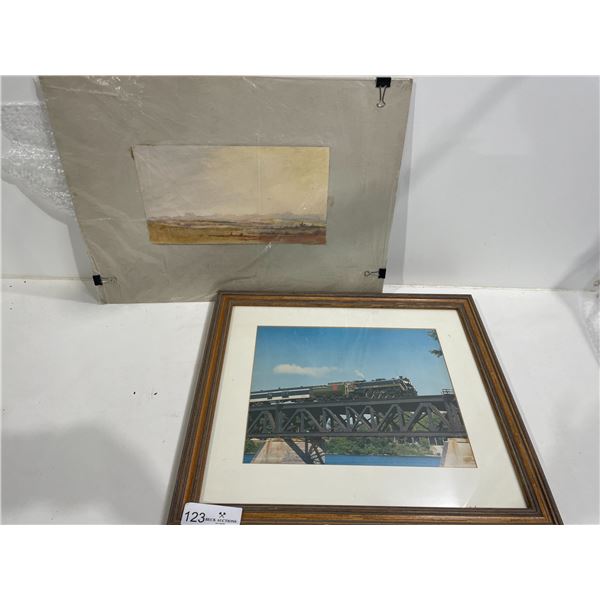 Unframed Watercolor & Framed Train Picture