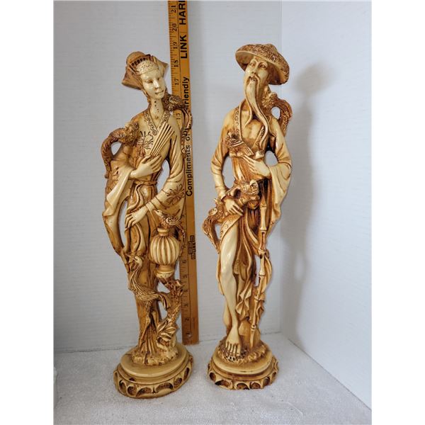 2 STUNNING TALL MALE & FEMALE ASIAN STATUES SIGNED