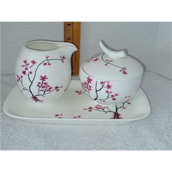 CHERRY BLOSSOM TEA LOGIC CREAMER, LIDDED SUGAR BOWL & UNDERPLATE