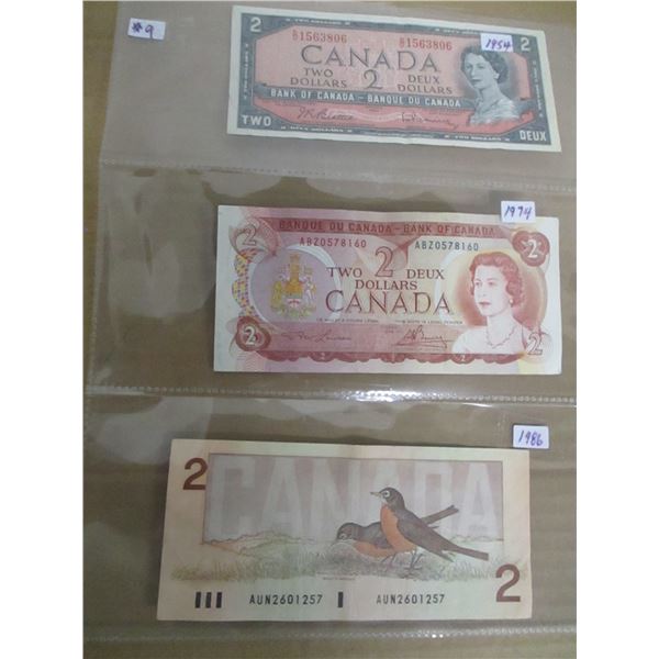 1954, 1974 & 1986 LAST OF CANADA $2 BILLS