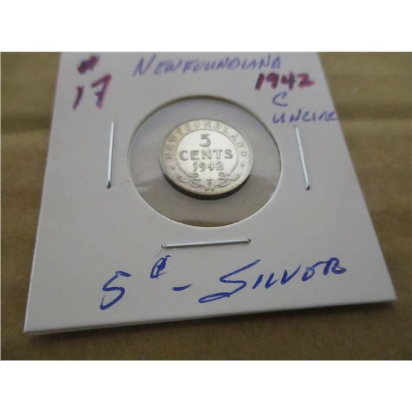 1942C UNCIRCULATED NEWFOUNDLAND SILVER FIVE CENT COIN