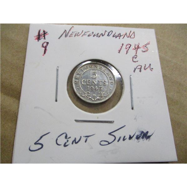 1945C AU NEWFOUNDLAND SILVER FIVE CENT COIN