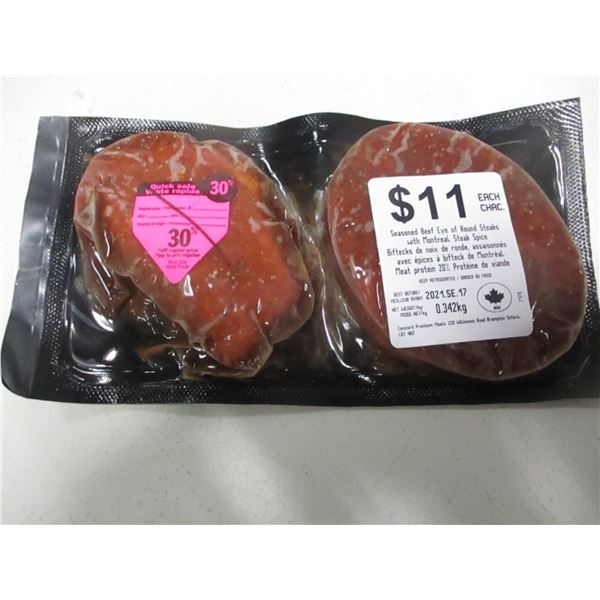 SHELF PULLS (AS IS):  BEEF EYE OF ROUND STEAK (APPROX. .342 KG)