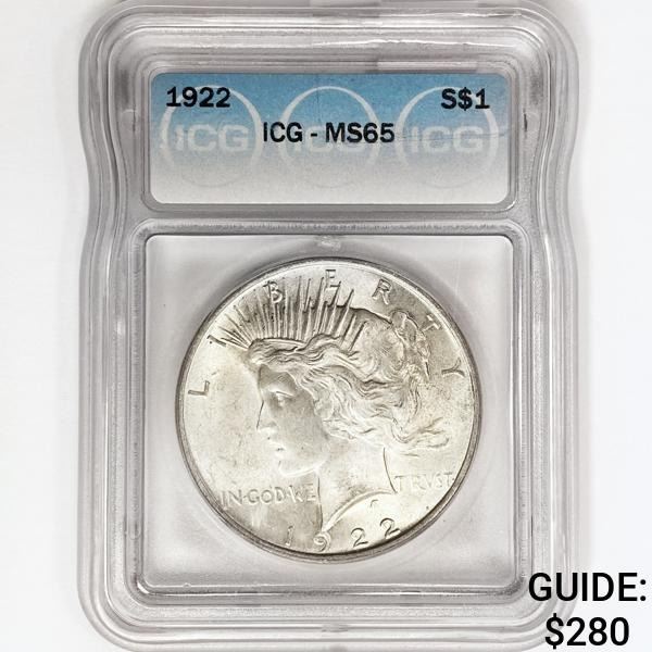 1922 Silver Peace Dollar ICG MS65