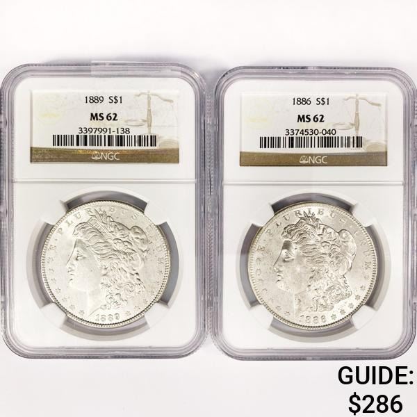 1889, 1886 Set (2) Morgan Silver Dollar NGC MS62