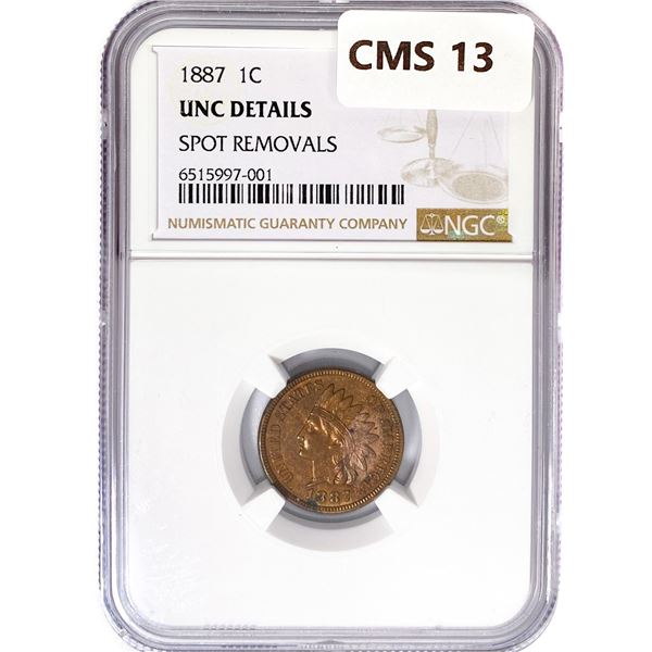 1887 Indian Head Cent NGC UNC Details, Spot Remova