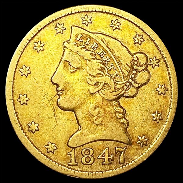 1847 $5 Gold Half Eagle NICELY CIRCULATED