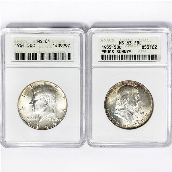 1955, 1964 Set (2) Kennedy Half Dollar ANACS MS