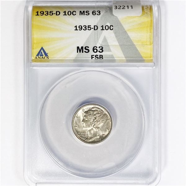 1935-D Mercury Silver Dime ANACS MS63 FSB