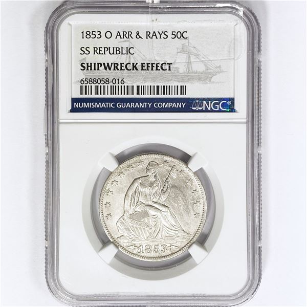 1853-O Seated Lib. 50C NGC Shipwreck SS Rep Bx