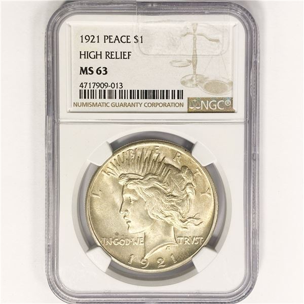 1921 Silver Peace Dollar NGC MS63 High Relief