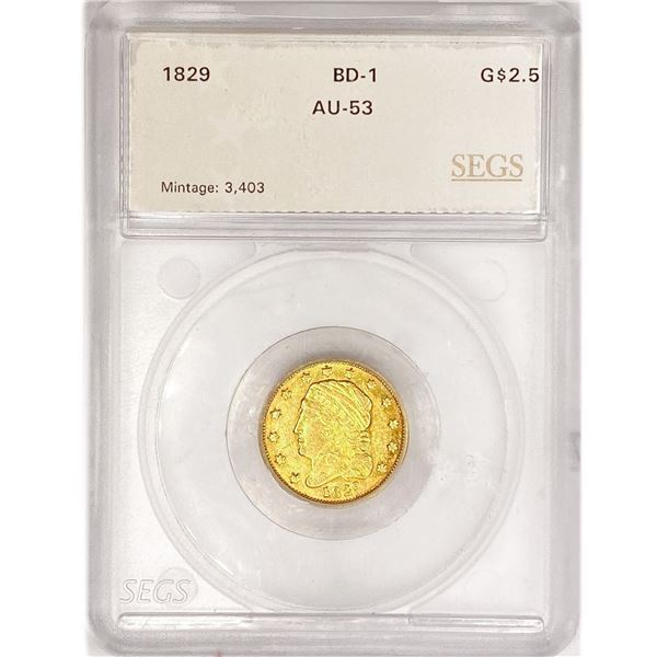 1829 $2.50 Gold Quarter Eagle SEGS AU53