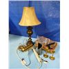 Image 1 : Table lamp, piano light, assorted brass items Wicker baskets etc