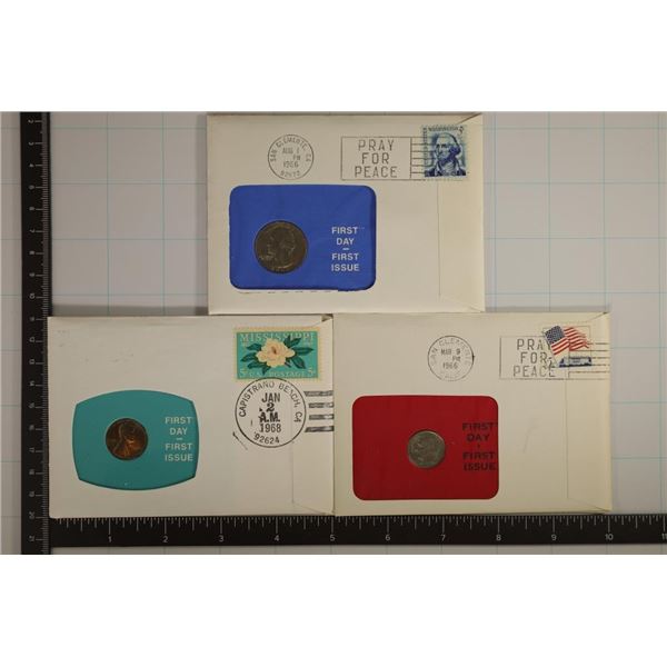 3 FIRST DAY COVER COIN ENVELOPES WITH CANCELLED