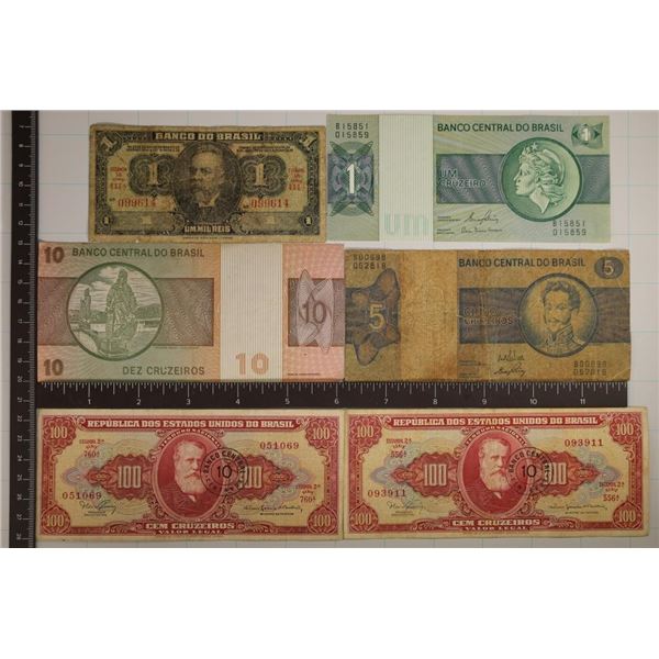 6-BRASIL BANK NOTES: 1923-1 REIS, 1970-1, 5 & 10