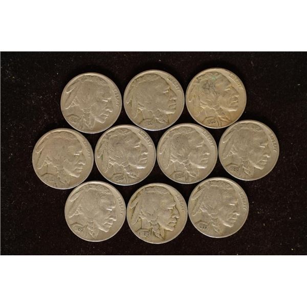 10 ASSORTED FULL DATE BUFFALO NICKELS 1930'S