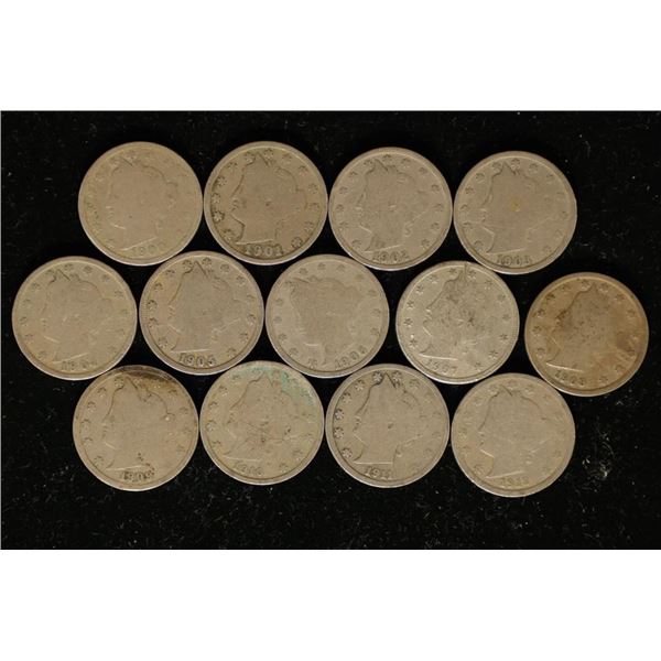 13 LIBERTY  V  NICKELS 1900-1912 ONE OF EACH DATE