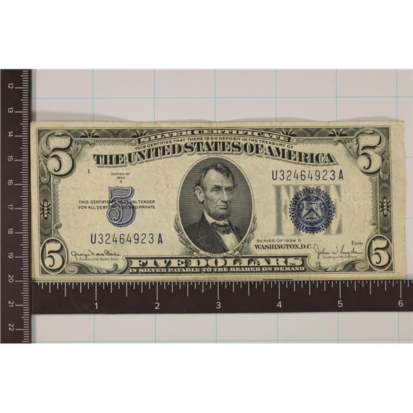 1934-D US $5 SILVER CERTIFICATE BLUE SEAL