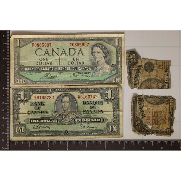 3 CANADIAN BILLS 1937 $1, 1954 $1 & PARTIAL AND