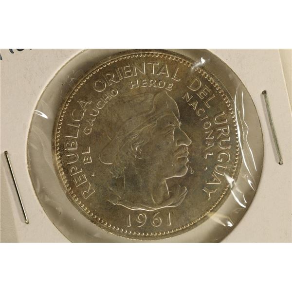 1961 URUGUAY SILVER 10 PESO UNC .3617 OZ. ASW