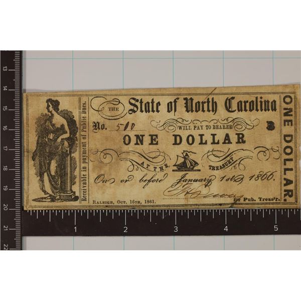 1866 STATE OF NORTH CAROLINA $1 OBSOLETE BANK NOTE