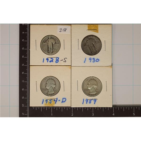 4 SILVER QUARTERS 1928-S & 1930 STANDING LIBERTY,